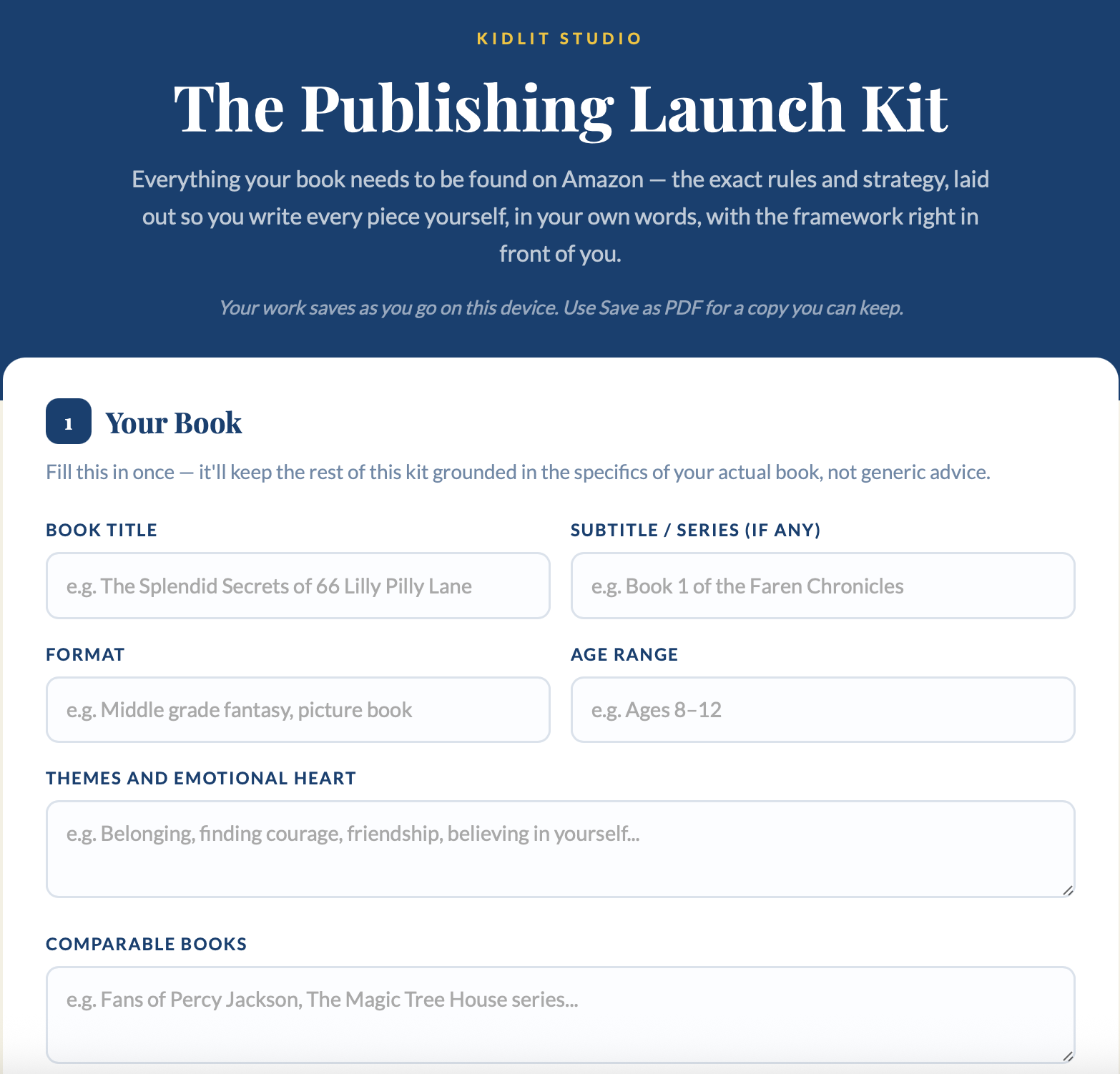 Screenshot of the Publishing Launch Kit workspace