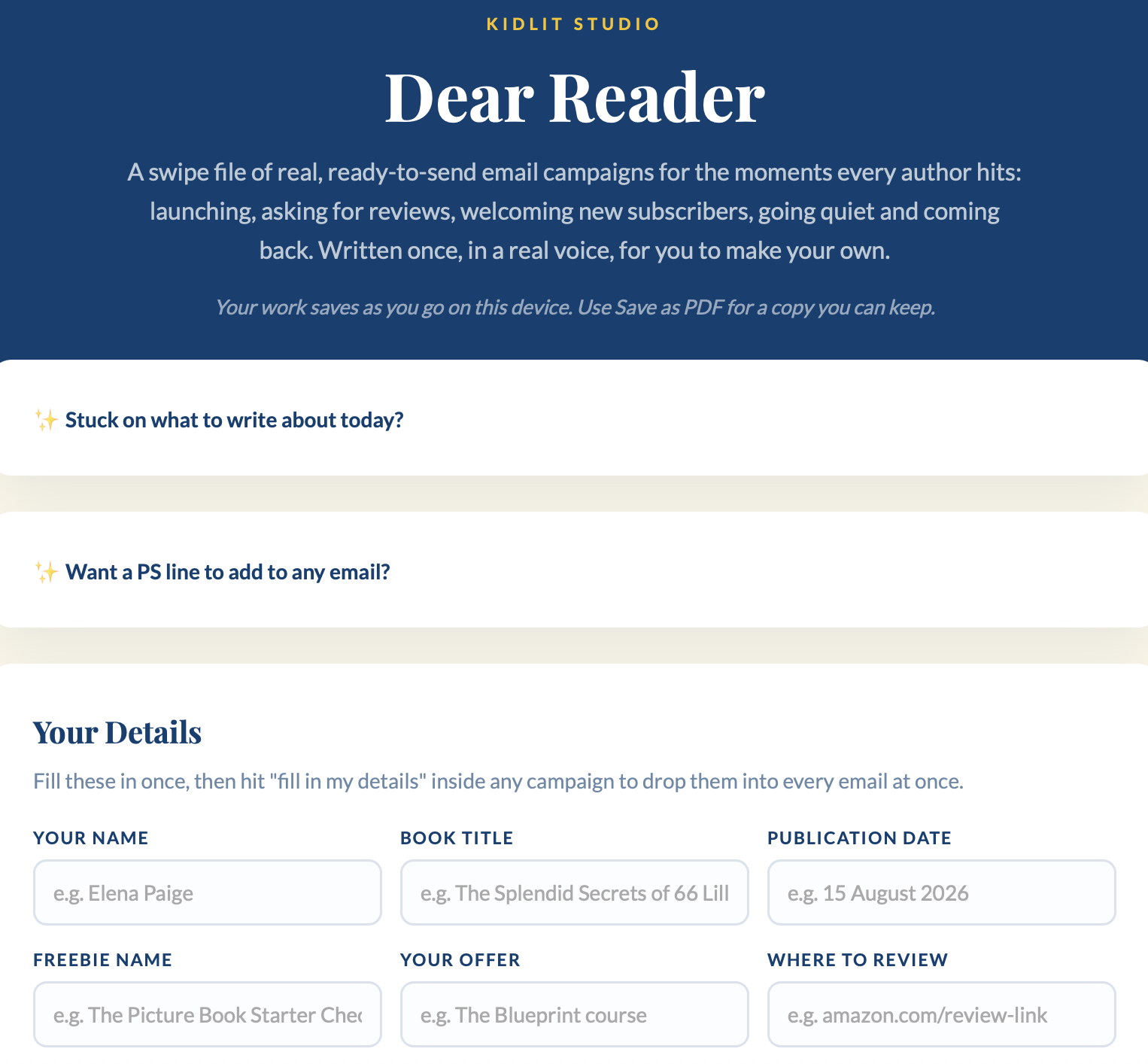 Screenshot of the Dear Reader email companion workspace